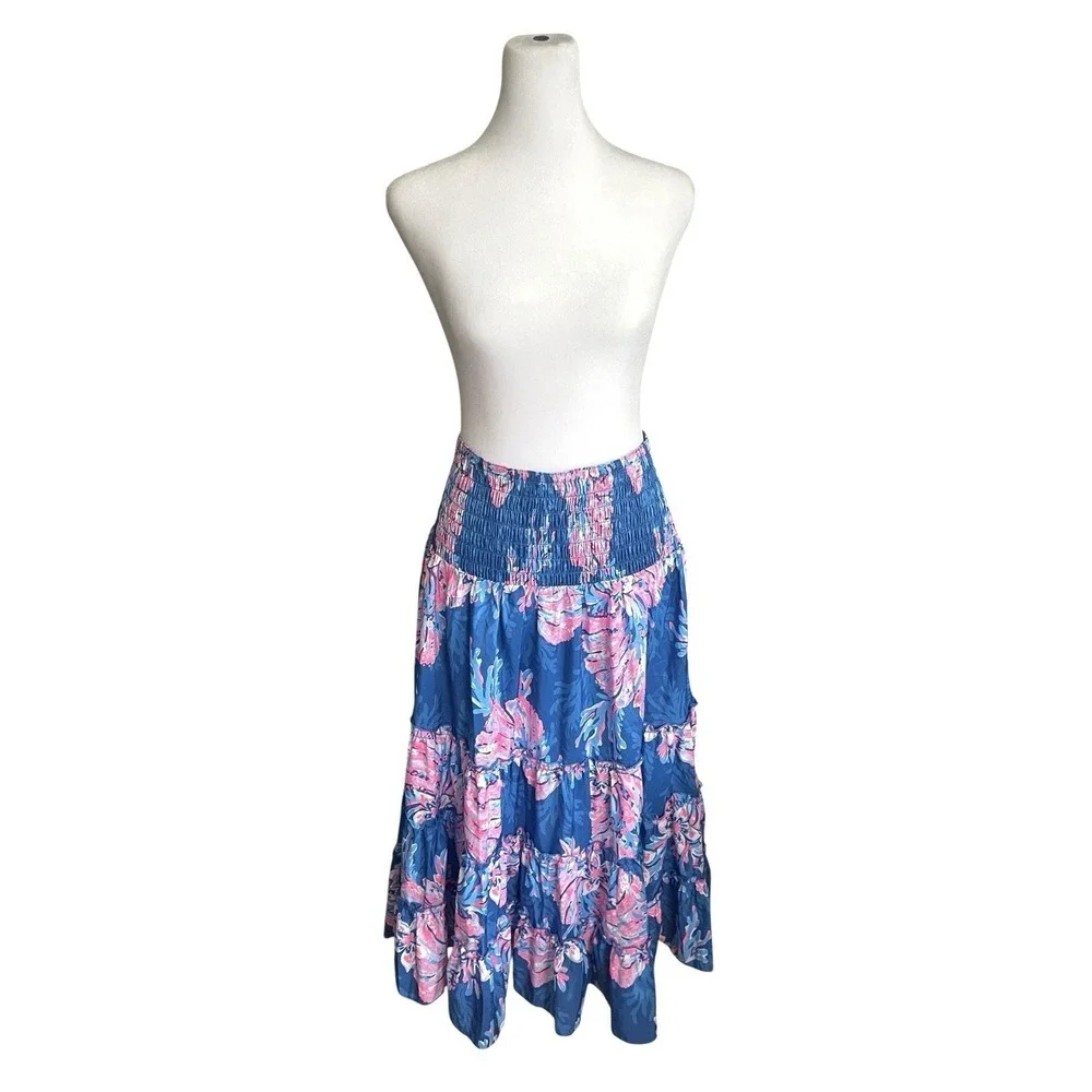 Lilly Pulitzer Deavan Pull-on Tiered Midi Skirt For The Fans Pink Blue Beachy S